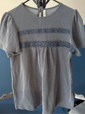 Falechay Women’s Large Blue White Striped Puff Sleeve Crochet Trim Blouse